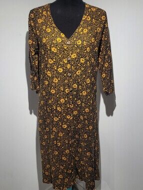 Limite Women’s Black & Yellow V-Neck Floral Button-Front Dress Large Cottagecore